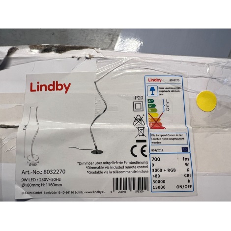 Lindby - LED RGB Stmievateľná stojacia lampa CRIOSTAL LED/9W/230V + diaľkové ovládanie