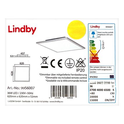 Lindby - LED Stmievateľné stropné svietidlo LIVEL LED/36W/230V + diaľkové ovládanie