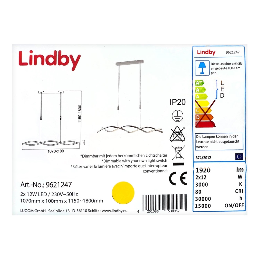 Lindby - LED Stmievateľný luster na lanku AURON 2xLED/12W/230V