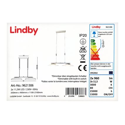 Lindby - LED Stmievateľný luster na lanku JUDIE 2xLED/11,5W/230V