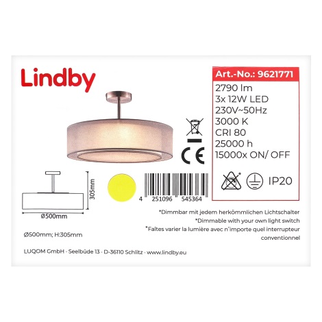 Lindby - LED Stmievateľný luster na tyči PIKKA 3xLED/12W/230V
