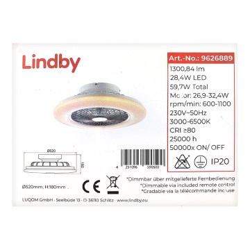 Lindby - LED Stmievateľný stropný ventilátor YUNUS LED/28,4W/230V + diaľkové ovládanie
