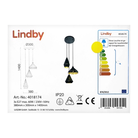 Lindby - Luster na lanku 3xE27/60W/230V