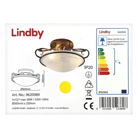 Lindby - Stropné svietidlo RANDO 3xE27/60W/230V