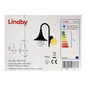 Lindby - Vonkajšie nástenné svietidlo DAPHNE 1xE27/60W/230V IP44