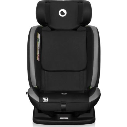 Autosedačka je zobrazená spredu. Je čierno-sivá, má opierku hlavy a bočnú ochranu. Na spodnej časti je piktogram znázorňujúci dieťa v sedačke.