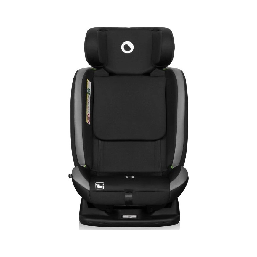 Autosedačka je zobrazená spredu. Je čierno-sivá, má opierku hlavy a bočnú ochranu. Na spodnej časti je piktogram znázorňujúci dieťa v sedačke.