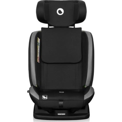 Autosedačka je zobrazená spredu. Je prevažne čierna s šedými a zelenými detailmi. Má opierku hlavy a je vybavená bočnou ochranou.