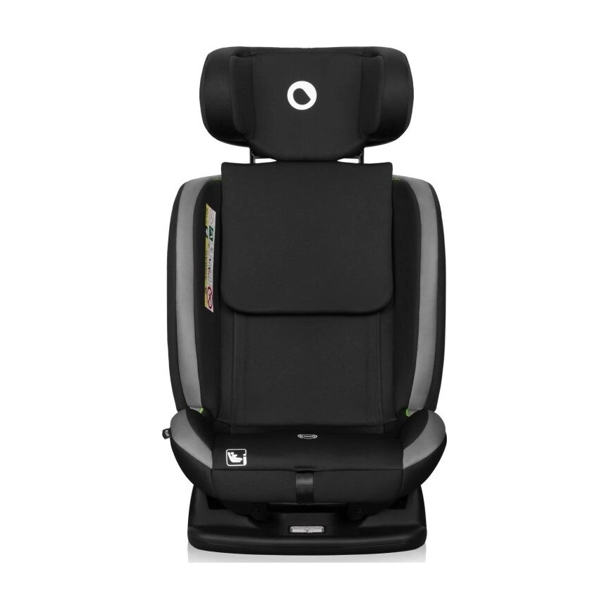 Autosedačka je zobrazená spredu. Je prevažne čierna s šedými a zelenými detailmi. Má opierku hlavy a je vybavená bočnou ochranou.