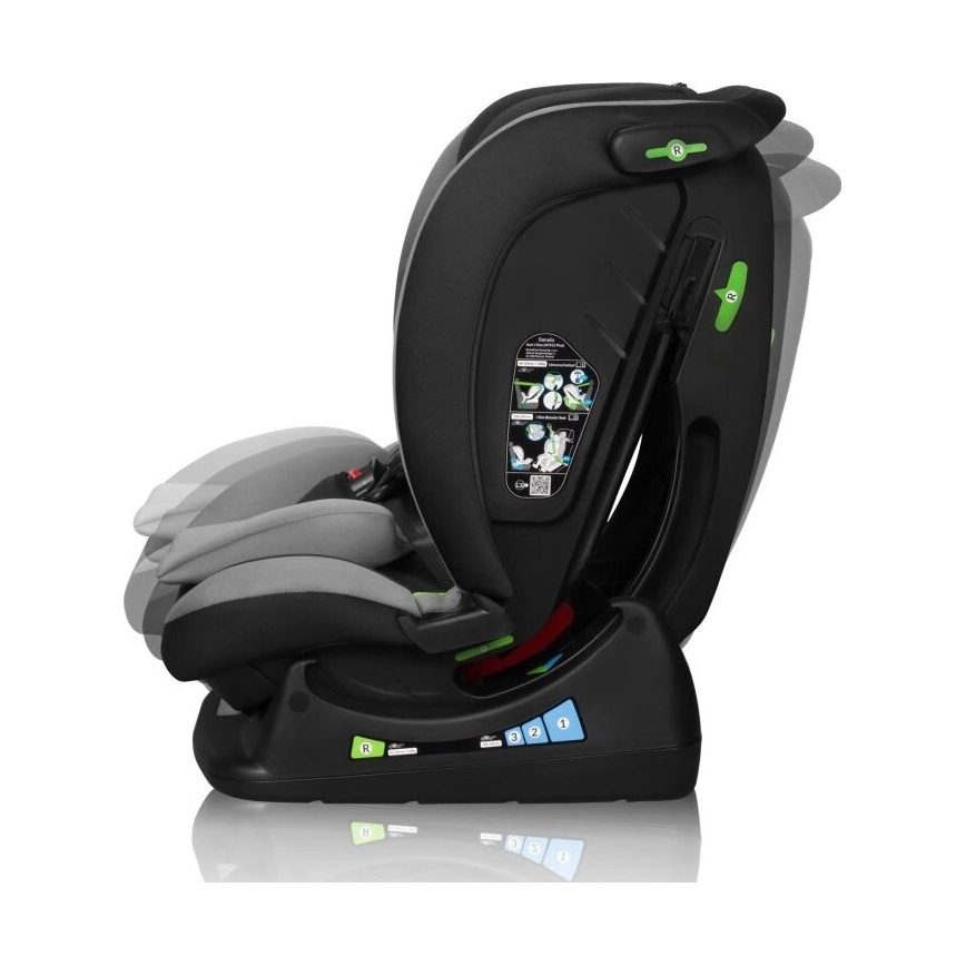 Autosedačka sa nakláňa. Je prevažne čierno-sivá, s číslicami 1-3 na základni. Na boku je návod na nastavenie sklonu.