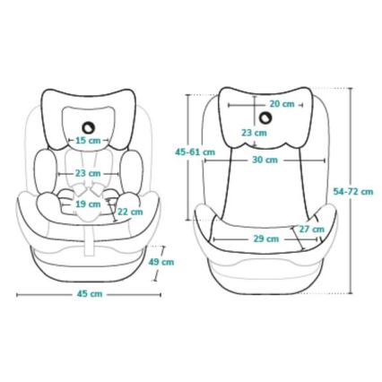 Detská autosedačka je znázornená z dvoch pohľadov s uvedenými rozmermi: výška 45-61 cm, šírka 45 cm, hĺbka 49 cm. Ďalšie rozmery sú uvedené na detailných častiach sedačky (15 cm, 23 cm, 19 cm, 22 cm, 20 cm, 30 cm, 29 cm, 27 cm a celková výška 54-72 cm).