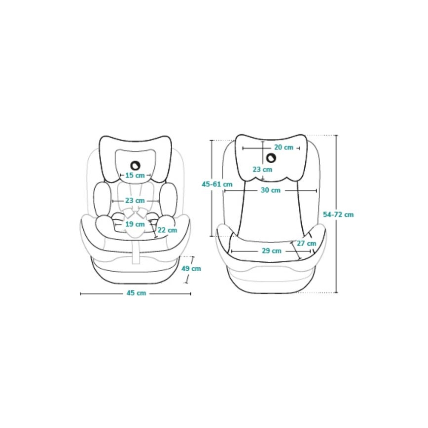 Detská autosedačka je znázornená z dvoch pohľadov s uvedenými rozmermi: výška 45-61 cm, šírka 45 cm, hĺbka 49 cm. Ďalšie rozmery sú uvedené na detailných častiach sedačky (15 cm, 23 cm, 19 cm, 22 cm, 20 cm, 30 cm, 29 cm, 27 cm a celková výška 54-72 cm).