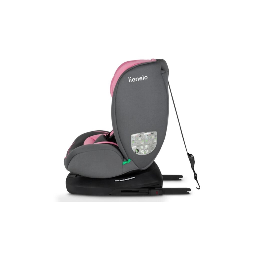 Autosedačka Lionelo je zobrazená zboku. Je sivá s ružovými detailmi. Má nastaviteľnú výšku a bezpečnostné pásy. Je umiestnená na bielom pozadí.