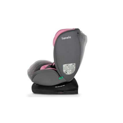 Autosedačka Lionelo je naklonená. Je sivá a ružová, s nastaviteľnou opierkou a základňou. Na opierke je viditeľné logo „lionelo“.