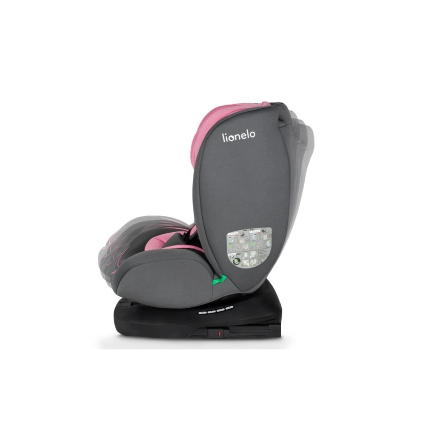 Autosedačka Lionelo je naklonená. Je sivá a ružová, s nastaviteľnou opierkou a základňou. Na opierke je viditeľné logo „lionelo“.