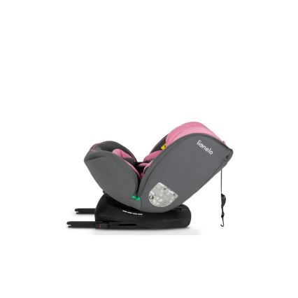 Autosedačka lionelo je naklonená, v šedo-ružovom prevedení, na čierno-sivej základni s nastaviteľnými opierkami. Nachádza sa na bielom pozadí.