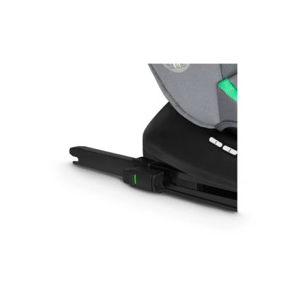 Autosedačka je pripevnená k podložke pomocou čierneho upevňovacieho systému. Systém má zelený indikátor. Sedačka je sivá s bledomodrým prvkom.