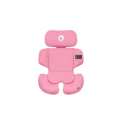 Ružová detská sedačka s opierkou hlavy je zobrazená zhora. Sedačka má mäkké polstrovanie a malý štítok s nečitateľným textom. Je umiestnená na bielom pozadí.