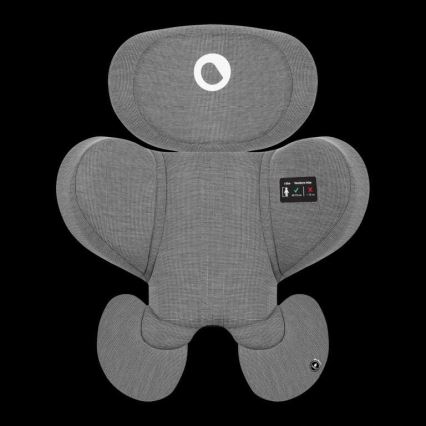 Šedá detská autosedačka s opierkou hlavy a bočnou ochranou je zobrazená zhora. Na bočnej strane je malý displej s ikonami a textom „Shoulder Ride“, „✓“, „✕“, „Min 115cm“, „150cm Max“.