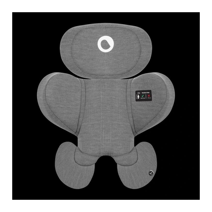 Šedá detská autosedačka s opierkou hlavy a bočnou ochranou je zobrazená zhora. Na bočnej strane je malý displej s ikonami a textom „Shoulder Ride“, „✓“, „✕“, „Min 115cm“, „150cm Max“.