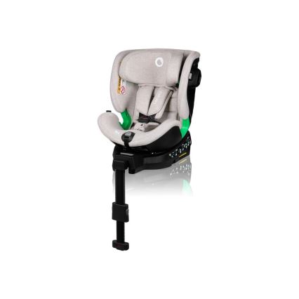 Autosedačka je umiestnená na bielom pozadí. Je svetlošedej farby s tmavou základňou a zelenými detailmi. Má nastaviteľnú opierku a oporu na nohy.