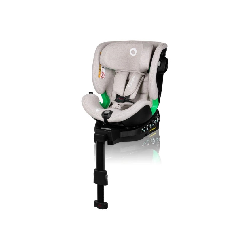 Autosedačka je umiestnená na bielom pozadí. Je svetlošedej farby s tmavou základňou a zelenými detailmi. Má nastaviteľnú opierku a oporu na nohy.