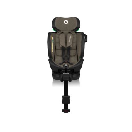 Autosedačka Lionelo je zobrazená spredu. Je hnedo-šedá s čiernou základňou a zelenými prvkami. Má päťbodové bezpečnostné pásy. Sedačka je umiestnená na bielom pozadí.