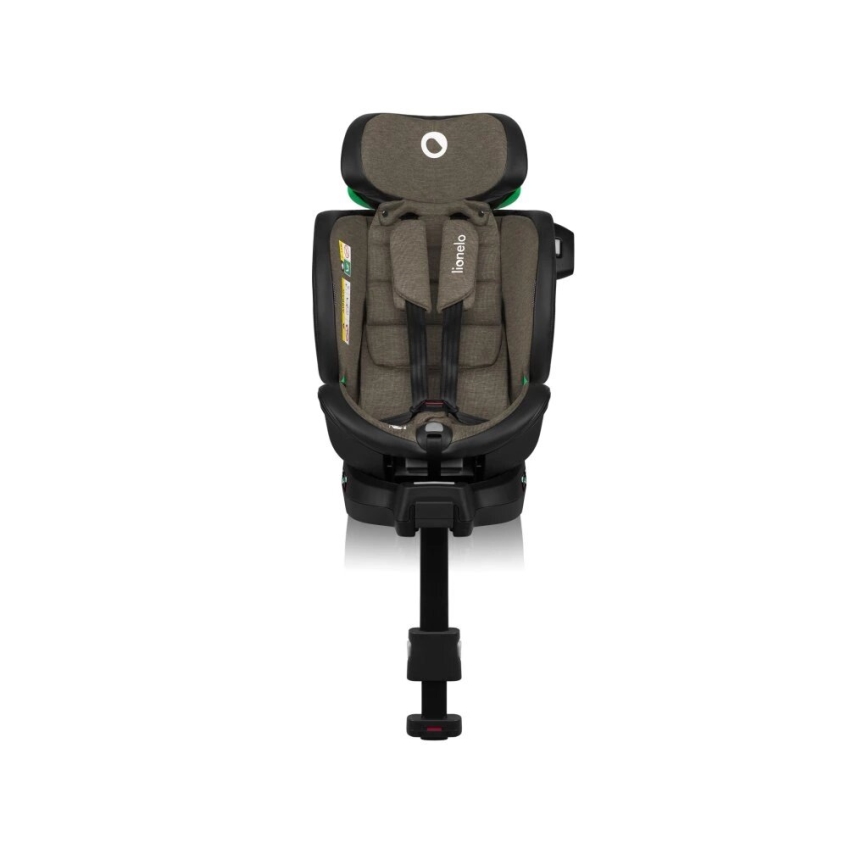 Autosedačka Lionelo je zobrazená spredu. Je hnedo-šedá s čiernou základňou a zelenými prvkami. Má päťbodové bezpečnostné pásy. Sedačka je umiestnená na bielom pozadí.