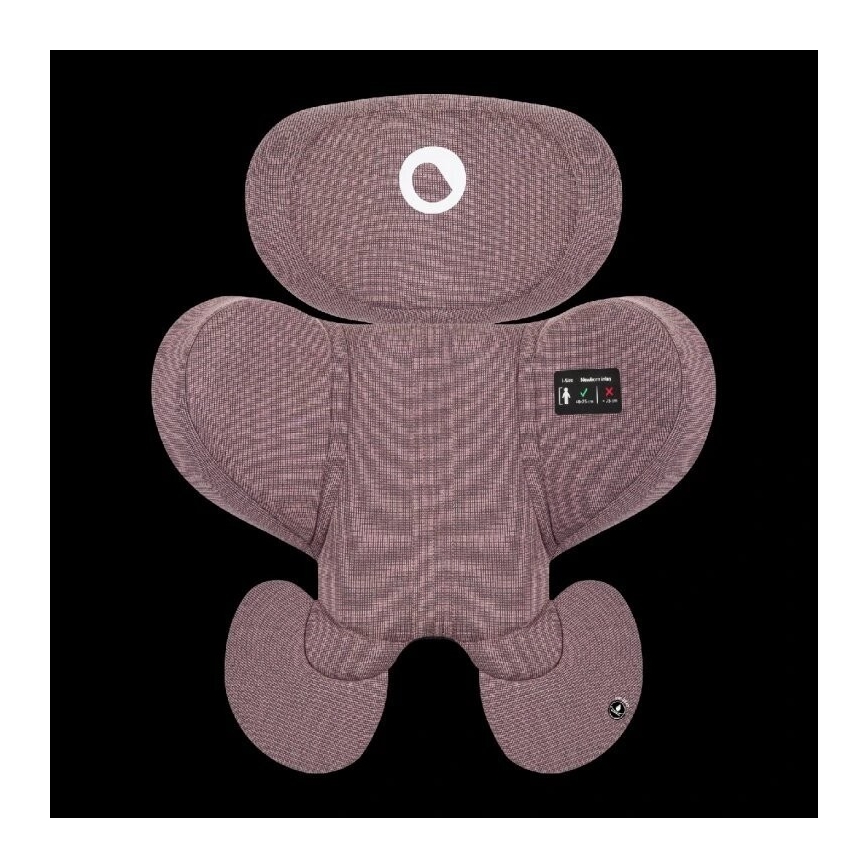 Čalúnená vložka do autosedačky, tvarovaná pre detskú postavu, má na boku displej s piktogramom osoby, zeleným a červeným krížikom a textom „Status: Ready to drive“. Vložka je ružovo-hnedá s jemnou textúrou.