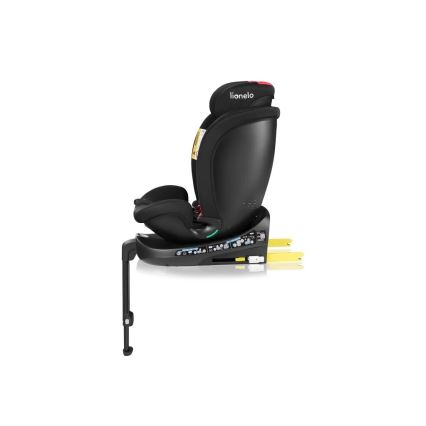 Autosedačka Lionelo je zobrazená zboku. Je čierna, s opierkou hlavy a nastaviteľnou oporou nôh. Na opierke hlavy je viditeľné logo Lionelo.