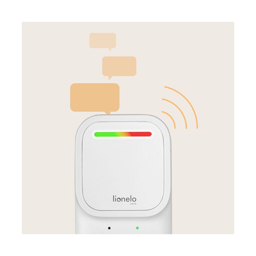 Biely štvorcový prístroj Lionelo care prijíma správy. Zobrazuje farebný indikátor a vysiela signál. Na pozadí sú tri obdĺžnikové ikony správ.