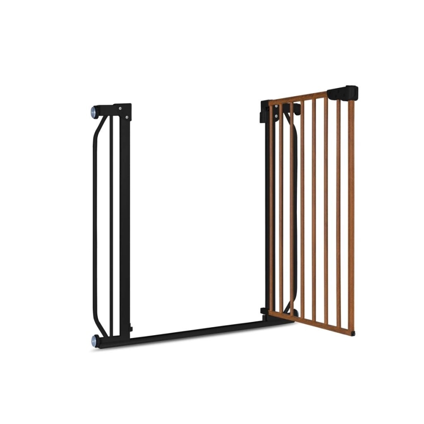 Bezpečnostná zábrana pre deti je čiastočne otvorená. Má hnedé drevené latky a čierny kovový rám. Nachádza sa na bielom pozadí.