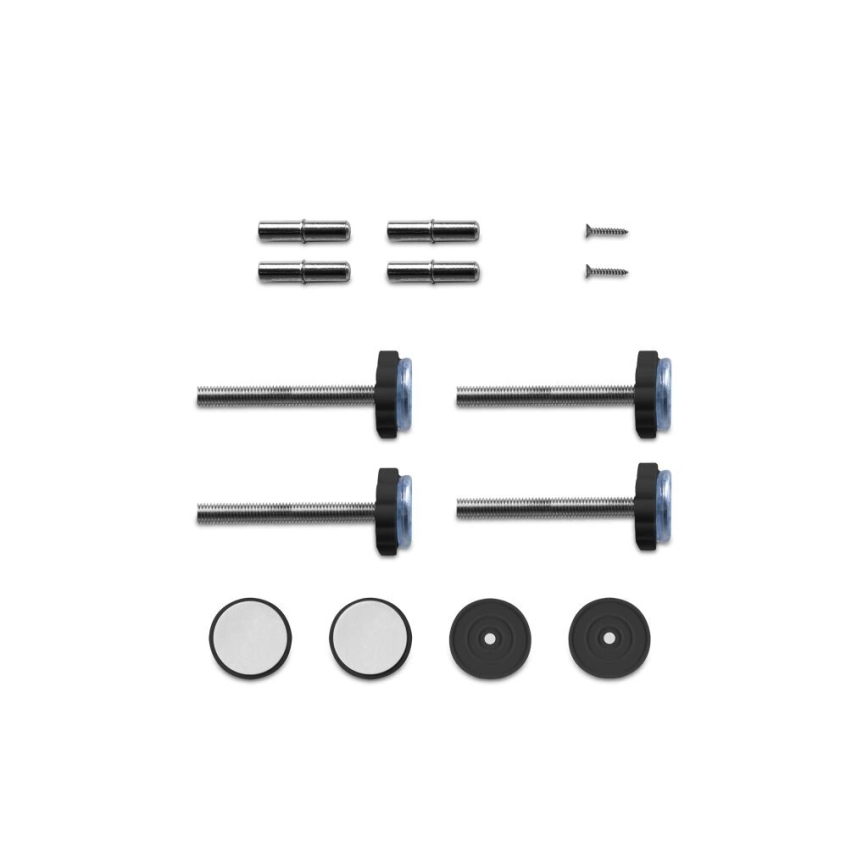 Sada skrutiek a spojovacích prvkov: štyri dlhé skrutky s okrúhlymi hlavami, štyri krátke spojovacie kolíky, dva malé skrutky, štyri podložky a štyri čierne gumové krúžky. Sú usporiadané na bielom pozadí.