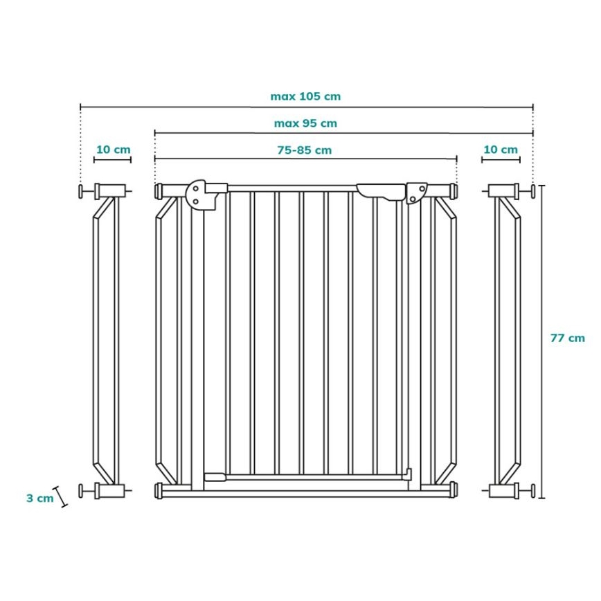 Zábrana pre deti sa montuje do otvoru. Má výšku 77 cm a šírku nastaviteľnú od 75 do 105 cm. Upevňuje sa pomocou skrutiek.