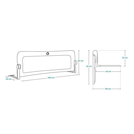 Postieľka je znázornená v dvoch pohľadoch s rozmermi: 150 cm x 42 cm x 43 cm a 60 cm x 43 cm x 23 cm. Je určená na ochranu dieťaťa pred pádom z postele.