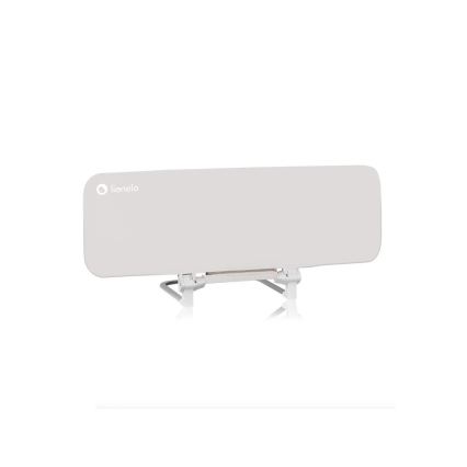 Štít proti slnku je umiestnený na bielom pozadí. Je svetlosivý, má kovový stojan a logo lionelo.