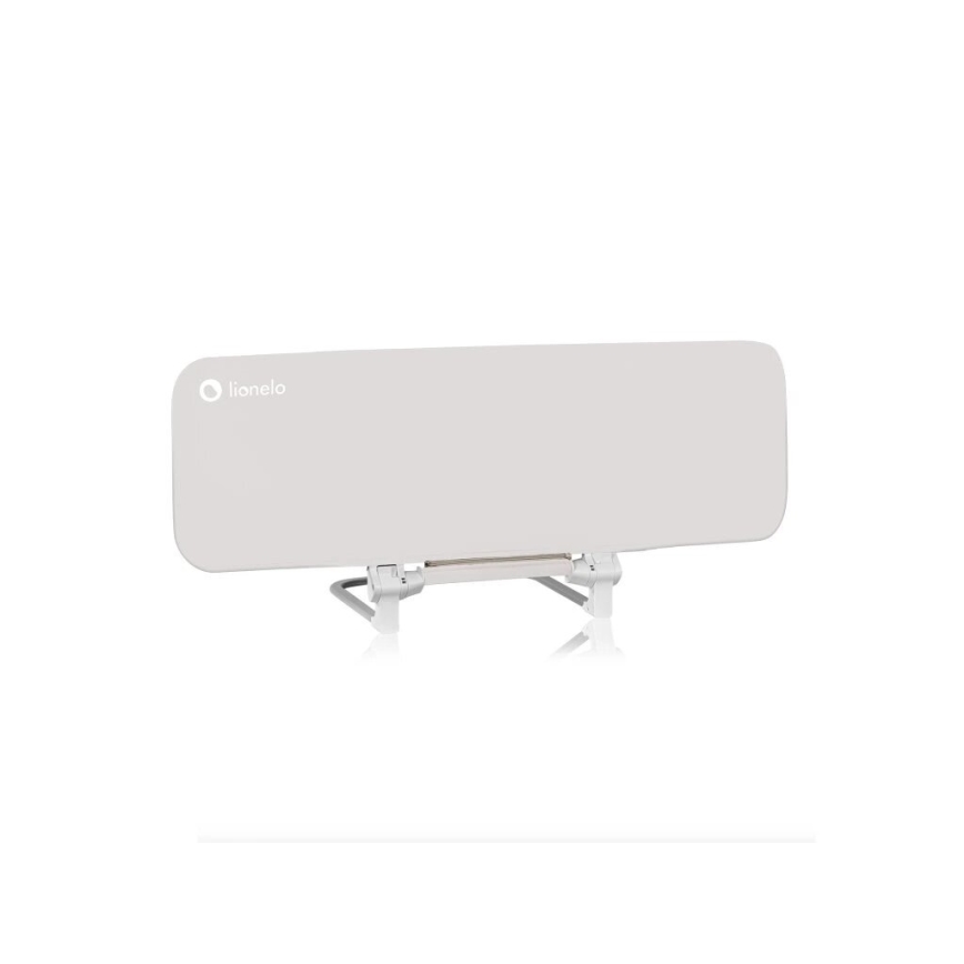 Štít proti slnku je umiestnený na bielom pozadí. Je svetlosivý, má kovový stojan a logo lionelo.