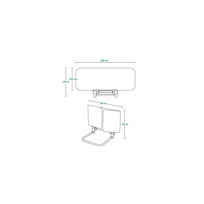 Technický výkres zobrazuje rozmery dvoch sklápacích stojanov. Horný má rozmery 105 x 35,5 x 45 cm, dolný 48 x 45 cm.