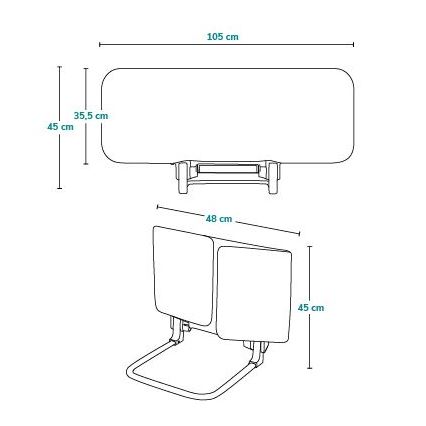 Dvojdielny stojan na sušenie riadu, rozmery 48x45 cm, je zobrazený v dvoch polohách. Horná časť je dlhšia, s rozmermi 105x35,5x45 cm.