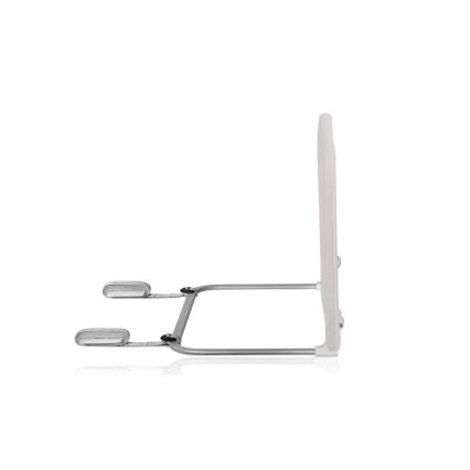 Bočná ochrana postieľky je pripevnená na posteľ pomocou dvoch popruhov. Je vyrobená z béžovej látky a striebornej kovovej konštrukcie. Celok je umiestnený na bielom pozadí.