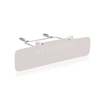 Svetlosivá slnečná clona je pripevnená na kovovom držiaku. Držiak je uchytený na dvoch koncoch. Clona je umiestnená na bielom pozadí.