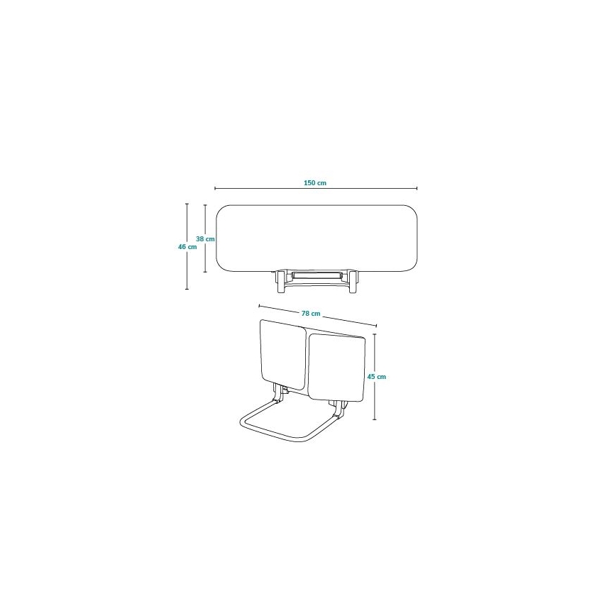 Technický výkres zobrazuje rozmery dvoch objektov: horný, obdĺžnikový panel (150x46 cm) a spodný, dvojdielny panel (78x45 cm) s podstavcom v tvare polkruhu. Oba panely sú staticky zobrazené.