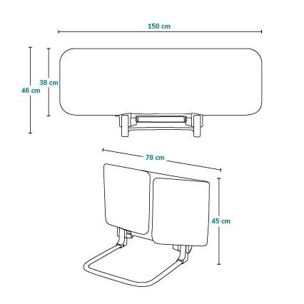 Technické výkresy zobrazujú rozmery dvoch panelov. Horný, obdĺžnikový panel má rozmery 150 x 46 x 38 cm. Dolný, dvojdielny panel má rozmery 78 x 45 cm a je umiestnený na držiaku.