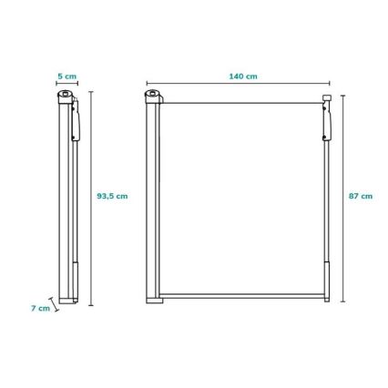 Zábradlie – rozkladá sa – výška 93,5 cm a 87 cm, šírka 140 cm, základňa 7 cm a 5 cm.
