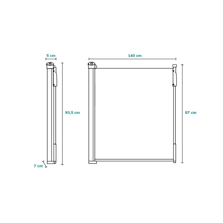 Zábradlie – rozkladá sa – výška 93,5 cm a 87 cm, šírka 140 cm, základňa 7 cm a 5 cm.