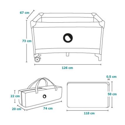 Prebaľovacia postieľka s rozmermi 126 x 73 x 67 cm, s kolieskami, je zobrazená s taškou na prenášanie (74 x 22 x 20 cm) a matracom (118 x 58 x 0,5 cm).