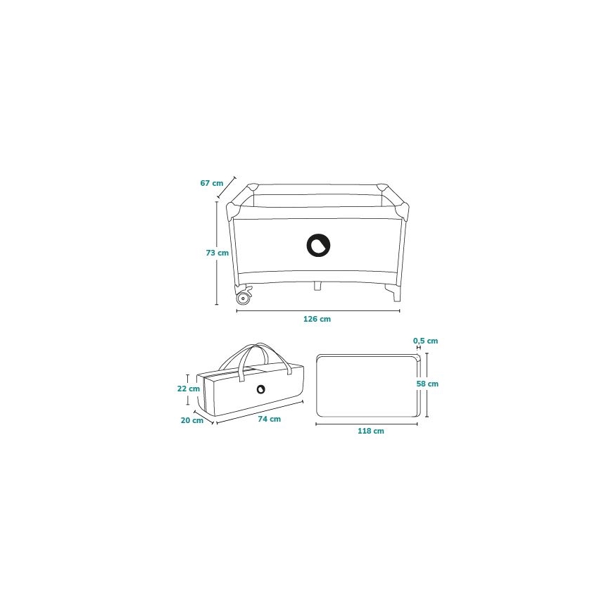 Prebaľovacia postieľka s rozmermi 126 x 73 x 67 cm, s kolieskami, je zobrazená s taškou na prenášanie (74 x 22 x 20 cm) a matracom (118 x 58 x 0,5 cm).