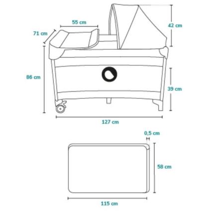 Cestovná postieľka s rozmermi 127 x 86 x 39 cm a strieškou má rozmery matraca 115 x 58 cm a výšku 0,5 cm.