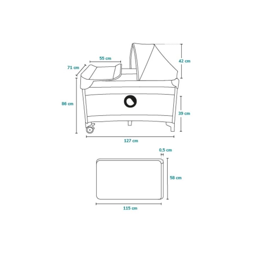 Prebaľovací pult s posteľou na kolieskach je zobrazený s rozmermi: dĺžka 127 cm, šírka 55 cm, výška 86 cm, výška matraca 5 cm, šírka matraca 115 cm. Dĺžka prebaľovacieho pultu je 71 cm. Výška striešky 42 cm, šírka 39 cm.