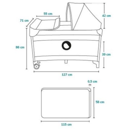 Prebaľovacia detská postieľka s rozmermi 127 x 86 x 39 cm, s výškou prebaľovacieho pultu 71 cm a výškou striešky 42 cm, je zobrazená s rozmermi matraca 115 x 58 cm a hrúbkou 0,5 cm.